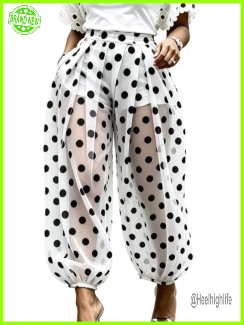 Women's Polka Dot Mesh Barrel Pants Wide Leg Balloon Palazzo Cuffed